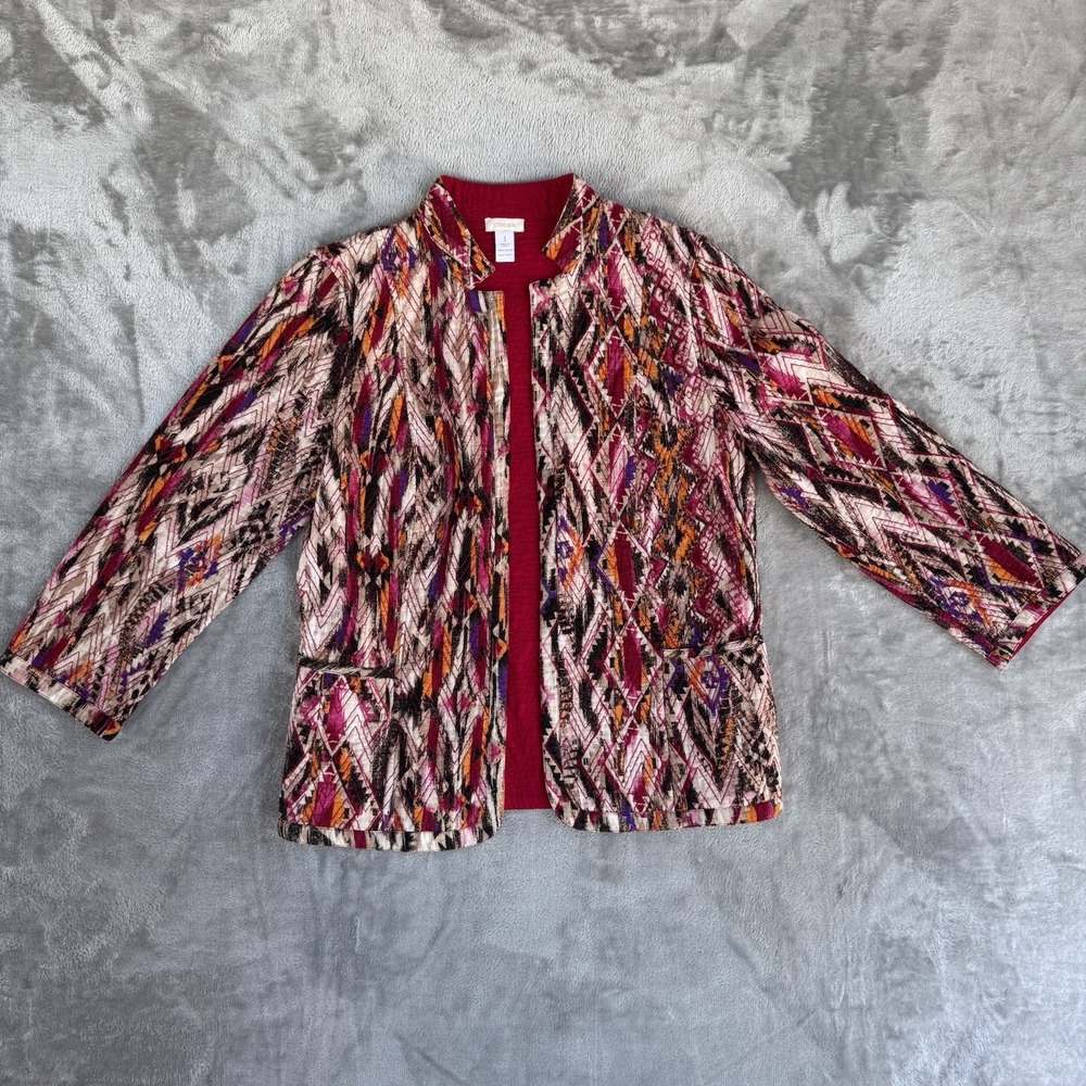 Chico's 1 Boho Tribal Print Jacket Blazer Open Front Women Med 8 10 Lightweight